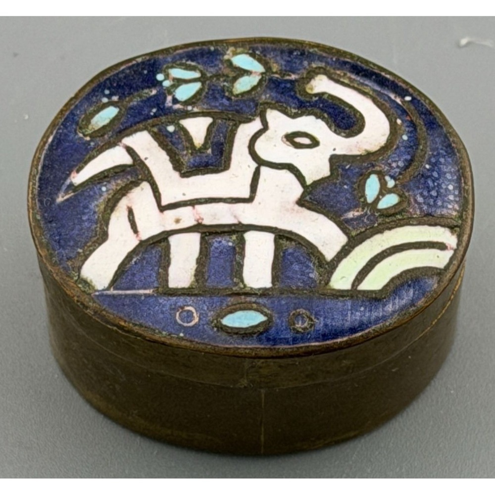 Vintage Cloisonné Elephant Brass Pill Trinket Box 1 1/8" OLD